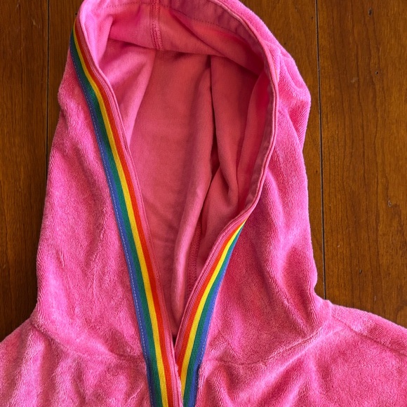 Hanna Andersson Terry Cloth Pink Hooded Swim Cover-Up Rainbow Trim SZ S Girls - Picture 3 of 6
